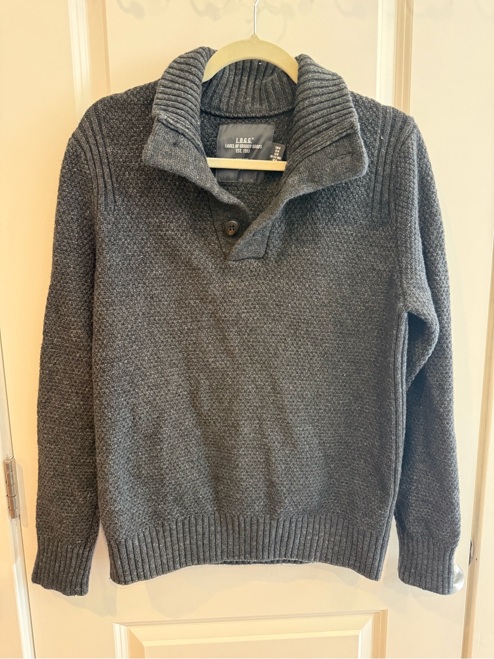Dark gray wool blend shawl neck sweater